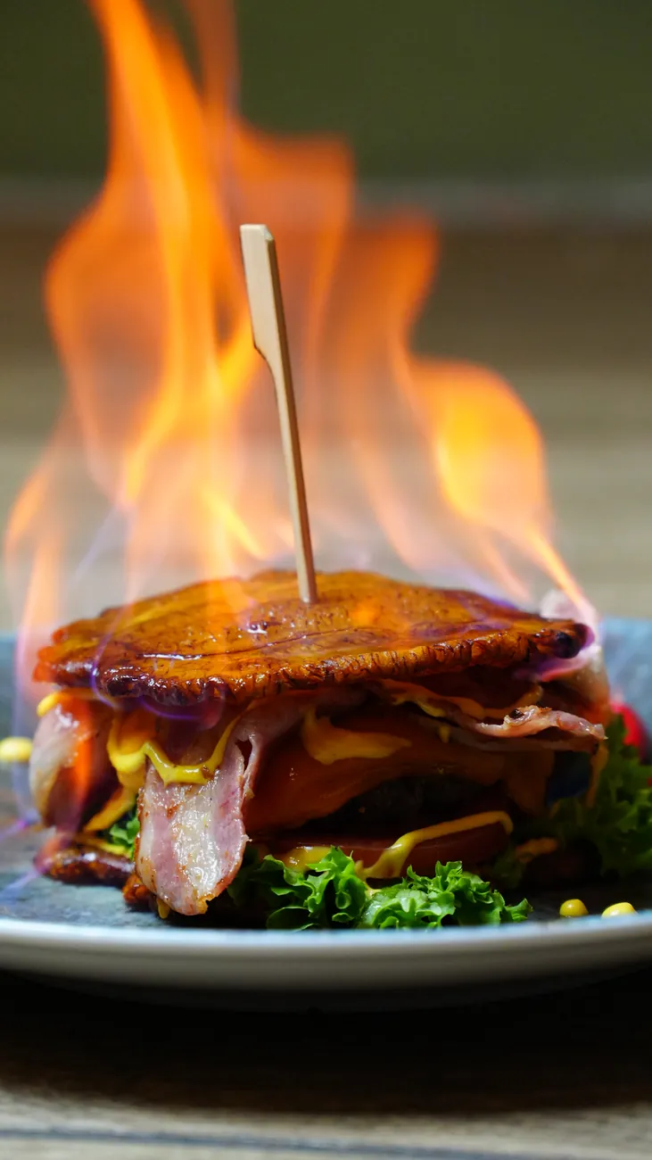 Flambéed burger, food photography for a restaurant in Vienna