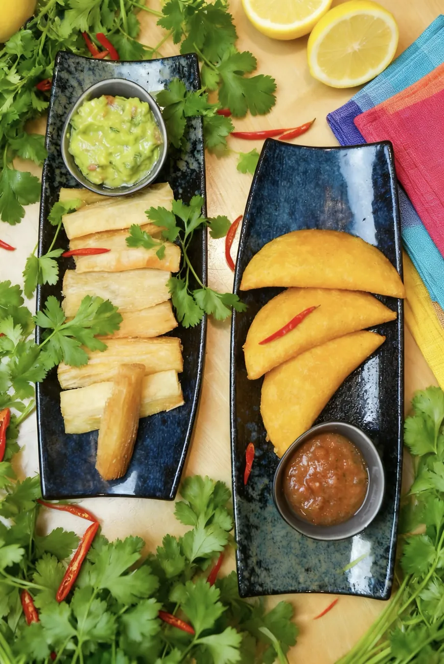 Latin American starters with dips, photographed from above