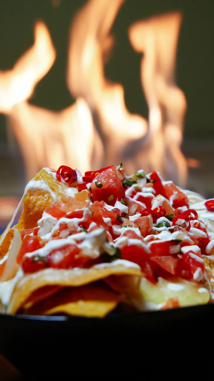 Nachos in front of an open flame